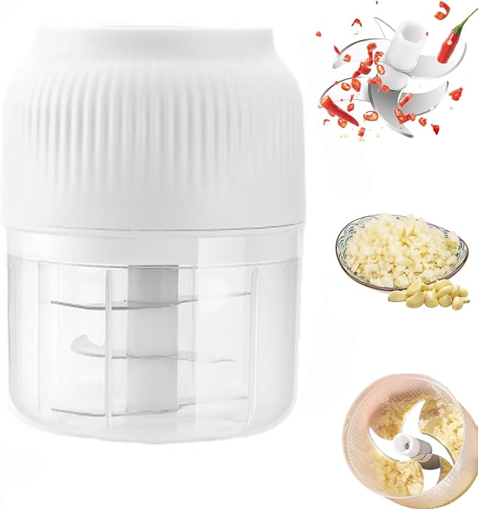Electric Garlic Chopper,Mini Portable Veggie Choppers, 250ml Portable Electric Mini Food Chopper with 4 Sharp Blade, Cordless Food Processor for Ginger (White)