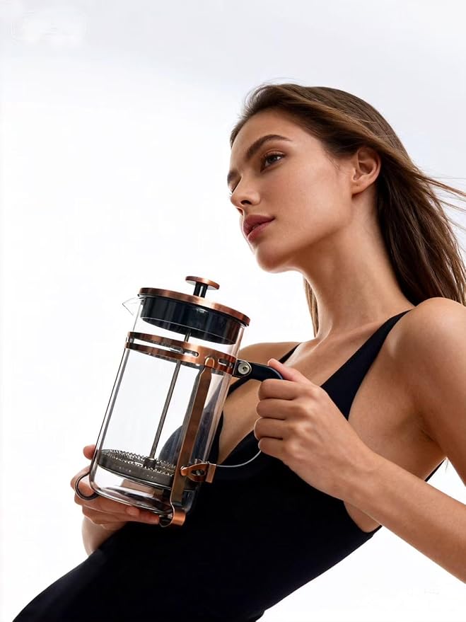 Coffee Maker 304 Stainless Steel French Press Heat Resistant Durable, Borosilicate Glass Coffee Press, Teapot, 34 ounce, copper