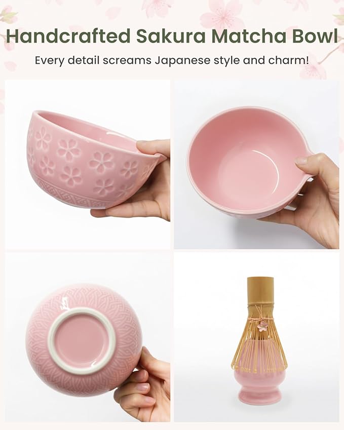 Matcha Whisk Sets 7 Pcs Includes Ceramic Bowl, Bamboo Whisk, Scoop, Sifter, Whisk Holder, Scoop Rest & Tea Towel | Japanese Matcha Ceremony Gift Set for Matcha Lovers (Pink)