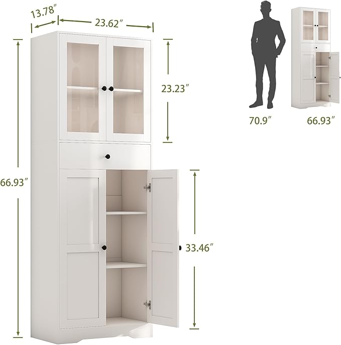 Tall Bathroom Storage Cabinet with Glass Doors, 67" Tall Freestanding Linen Cabinet with Adjustable Shelves, Floor Standing Organizer for Bathroom, Living Room, Kitchen, (White)