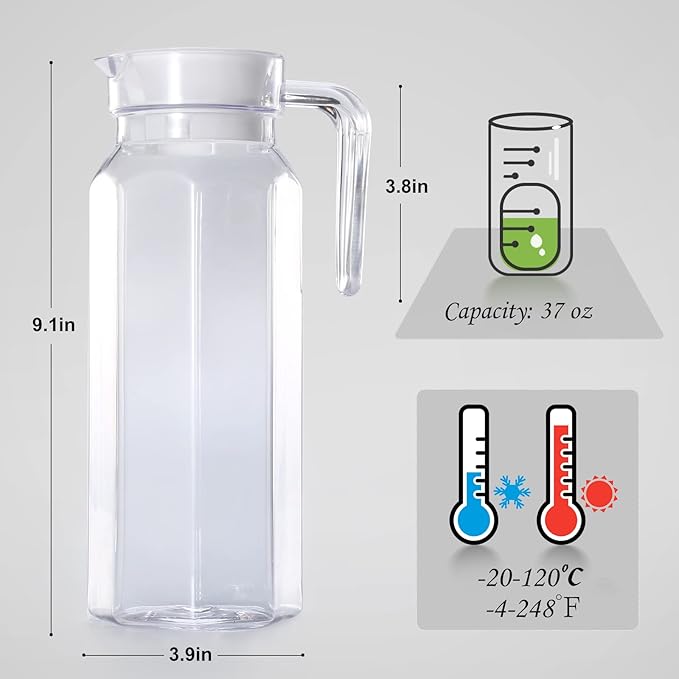 Acrylic Pitcher 37 oz, OEH Unbreakable Clear Plastic Pitcher with Lid, BPA-Free, Heat-Resistant Small Plastic Water Pitcher for Tea, Sangria, Lemonade, Juice, Milk, Octagonal