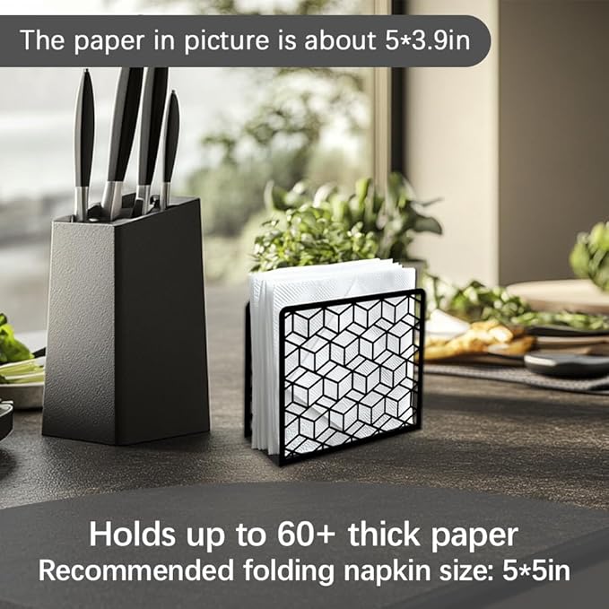 Geometric 3D Cube Decorative Black Metal Napkin Holder for Table, 5.3" x 4.9" x 1.9" 3D Cube Geometric Standing Napkin Holder for Home Kitchen Restaurant Picnic Party Coffee Bar Dining Room