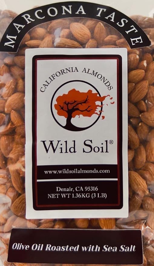 Wild Soil Terra Preta Almonds - Higher Protein and Higher Vitamin E Than Other Almonds, Marcona Like Taste, Olive Oil Roasted with Sea Salt, Beyond Organic: Eco Farmed with Proprietary Root Technology