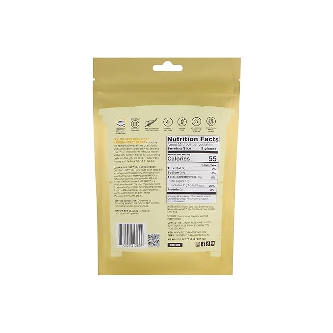 Taylor Pass Honey Co Mānuka Honey Drops UMF™ 10+| Zesty Lemon | Mānuka Honey Lozenges | Soothing Natural Manuka On-The-Go | 22 Individually Wrapped Drops | Made in New Zealand
