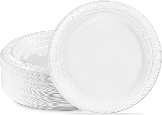 PLASTICPRO 100 PCS White Plastic Round 7 Inch Plates - Premium Quality, Light Weight Disposable Dinner Plates for Parties & Weddings