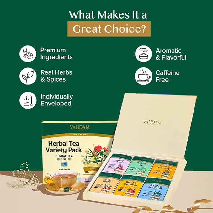 VAHDAM, Assorted Herbal Tea Variety Pack (6 Variants, 36 Tea Bags) Caffeine Free, Gluten Free, Non GMO | Eco Friendly Tea Bags I Christmas Tea Gift Set
