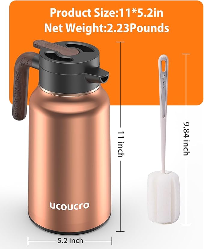 70 oz / 2L Thermal Coffee Carafe Stainless Steel - Insulated Coffee Dispenser for Hot & Cold Liquids - Perfect for Coffee, Tea, Water, Parties, Office & Home Use