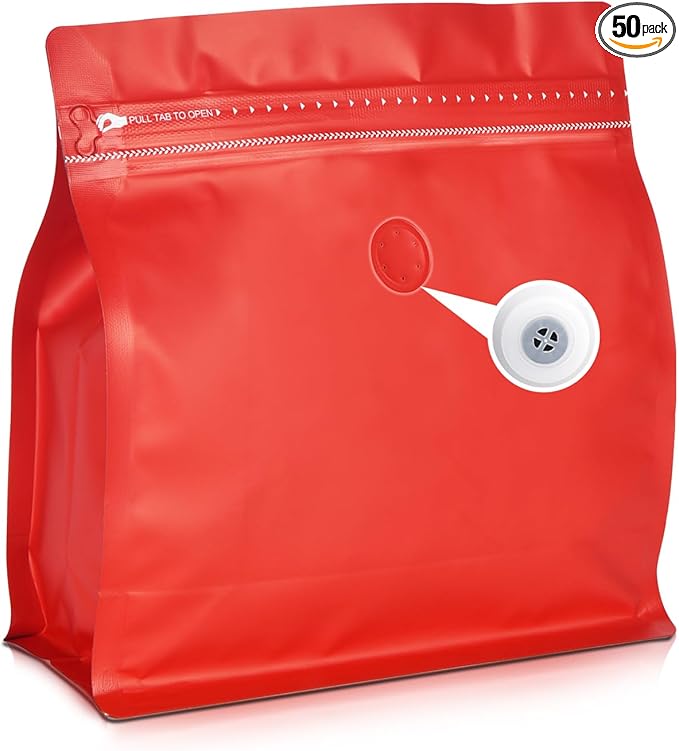 50 Count 8oz Coffee Bags with Valve,1/2 lb Vented Coffee Beans Packaging Bags High Barrier Aluminumed Foil Flat Bottom Heat Sealed Side Zipper Resealable Storage Bag for Home or Business(Red）