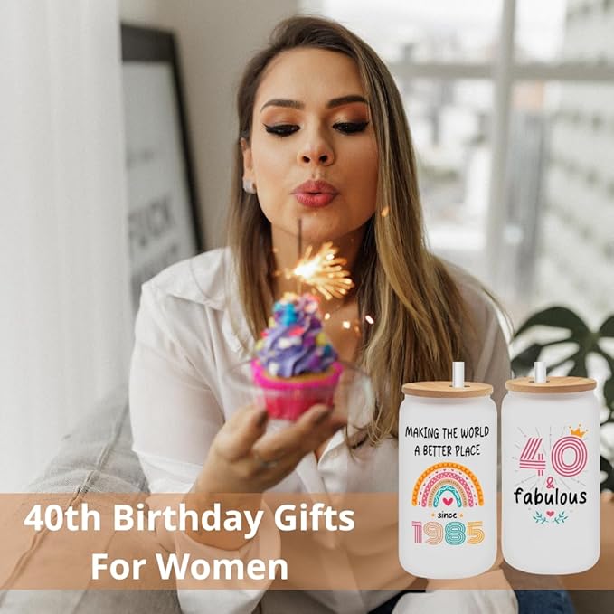 Vivulla68 40th Birthday Gifts Women Men - 40 Year Old Gifts For Her Him - 40th Birthday Ideas - 1985 Birthday Gift - Turning Forty - Forty Birthday Frosted Glass With Lid And Straw