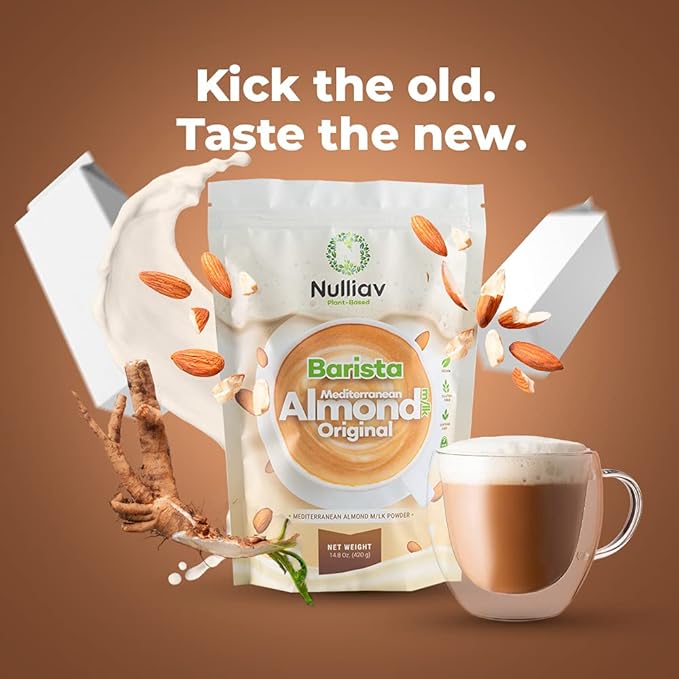 NULLIAV | Barista Almond Milk Powder Original - Professional Frothing for Home or Cafe - High Protein Prebiotic Fiber Powder Vegan Dairy Free Lactose Free Shelf Stable 14.8 Oz Bag Convenient