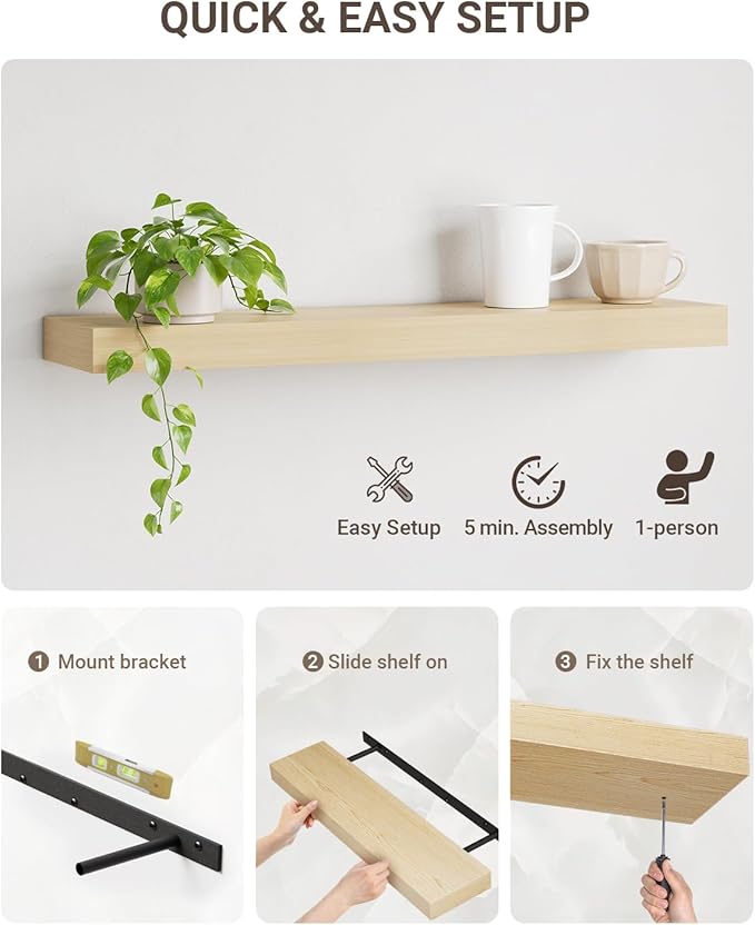 White Oak Floating Shelf for Wall, 2 Inch Thick Wood Floating Shelves Wall Mounted, 36" Long Shelves for Kitchen Bedroom Living Room,8" Deep Floating Book Shelves Set of 2, 50LB Capacity