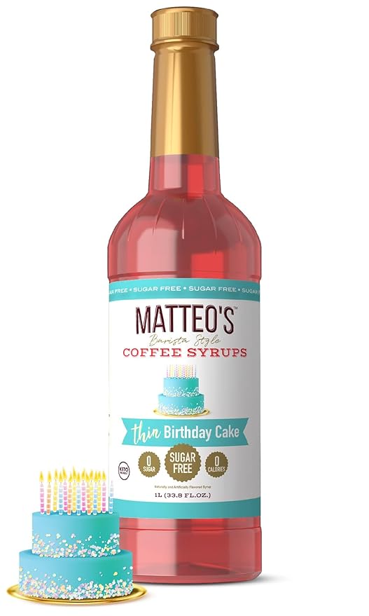 Matteo's Birthday Cake Syrup for Coffee, Lattes, Cappuccinos & Desserts – Sugar-Free Sweetener for Beverages, Keto Friendly, Zero Calories, Indulgent Flavor, Non-Alcoholic, 33.8oz (1pk)