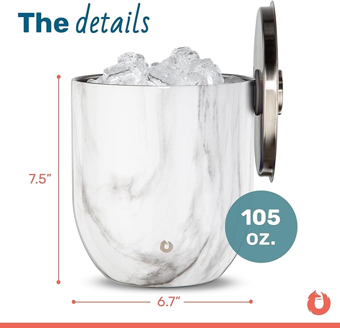 SNOWFOX Premium Vacuum Insulated Stainless Steel Ice Bucket with Lid/Tongs, Non-Rubber Bottom, Home Bar Accessories, Bartending Ice Buckets for Parties, Outdoor Entertaining Supplies, 3L, Marble