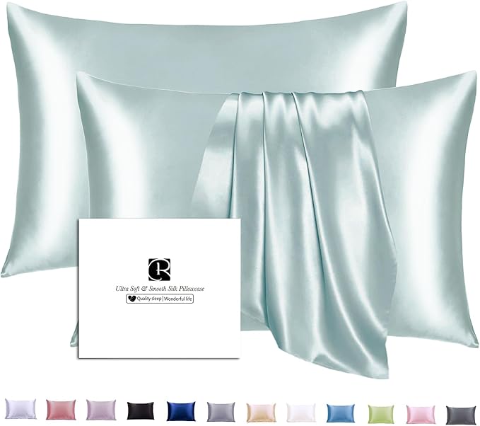 Ravmix Silk Pillow Cases 2 Pack with Zipper, 21momme Mulberry Silk Pillowcase for Hair Skin, Soft Smooth Breathable Cool Pillow Cover for Beauty Sleep with Gift Box(Queen 20"x30", Aqua)