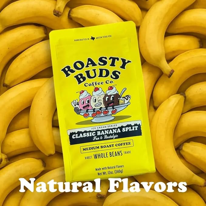 Roasty Buds Banana Split Whole Bean Coffee – 12oz Bag | Gluten-Free, Non-GMO, No Sugar, Dairy, Soy, or Egg | Dessert-Inspired, Bold & Smooth Medium Roast