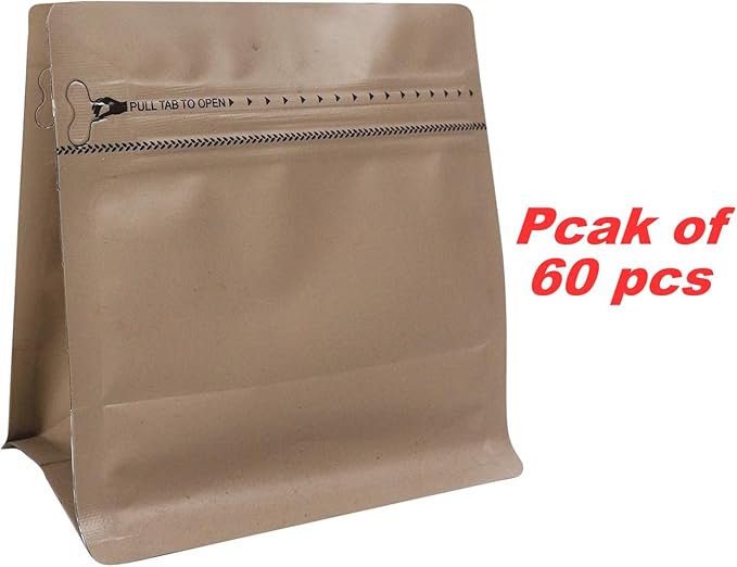 60 Pack High Barrier Stand-Up Coffee Bean Bags with Vented Valve Matte Metallic Heat-Sealable & Resealable Solid Color Pouches (Square,5.3 * 5.5 inch,1/4 lb,Light Brown)