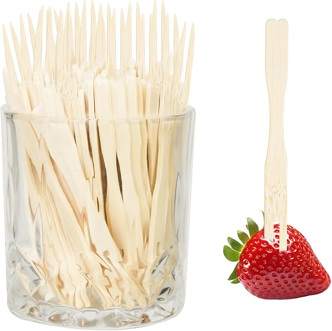 200PCS Cocktail Picks, Fancy Forks for Appetizers, Decorative Skewers for Appetizers Drinks Party Fruit, 3.5 Inch Long Wooden Bamboo Food Forks Charcuterie Boards Accessories