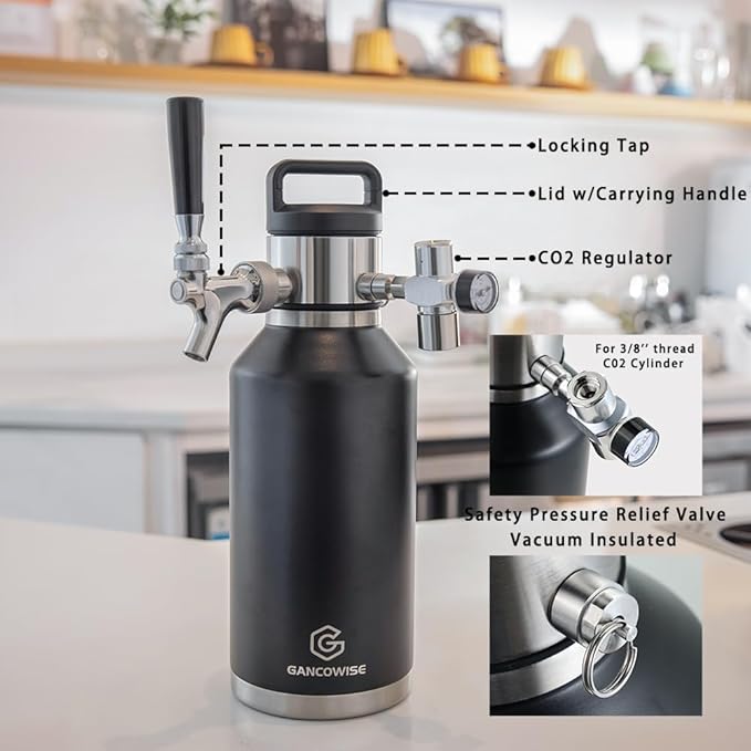 128oz Double-Walled Mini Keg Growler, Stainless Steel Vacuum Insulated Home Dispenser System with Detachable Faucet & Regulator Keeps Homebrew, Craft, and Draft Beer Carbonated and Fresh