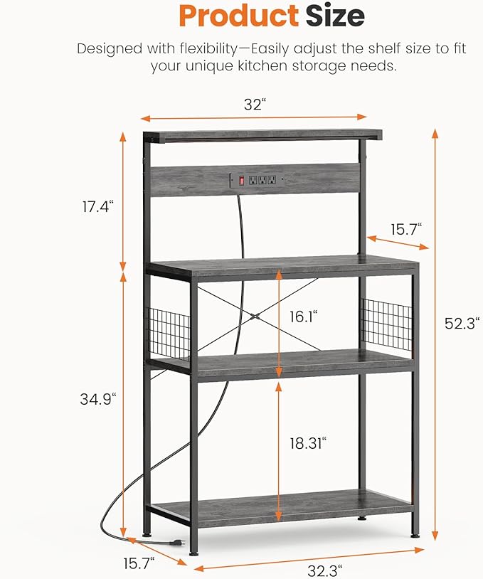 Sweetcrispy Kitchen Bakers Rack with Power Outlet, Coffee Bar Table 4 Tiers, Microwave Oven Stand Station, Adjustable Storage Shelf for Spices, Freestanding Appliance Organizer - 32 Inch, Gray