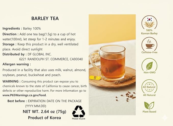 Damtuh Korean Barley Tea – Roasted Boricha Mugicha, Nutty Herbal Tea, Caffeine-Free, 50 Tea Bags (1.5g each)