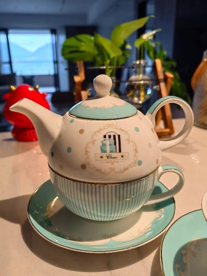 Euro Style Teapot Cup& Saucer Set Art Bone China Ceramic Tea Coffee Cup for Breakfast Home Kitchen (Blue Stripe)