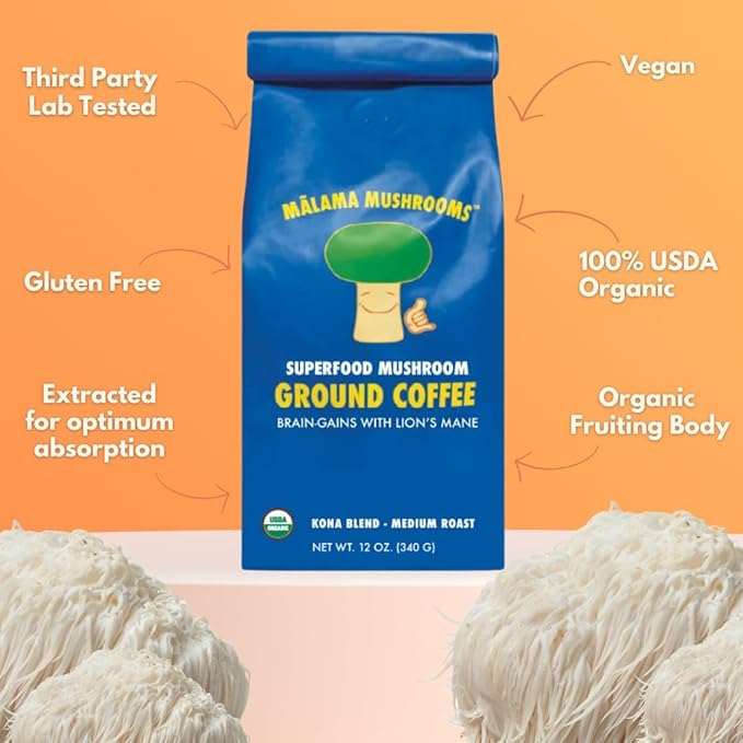 Malama Organic Mushroom Coffee, Adaptogenic Mushroom Coffee with Lion's Mane for Focus, Memory & Inmune Support – Blended with Organic Kona Roast | 12oz Bag