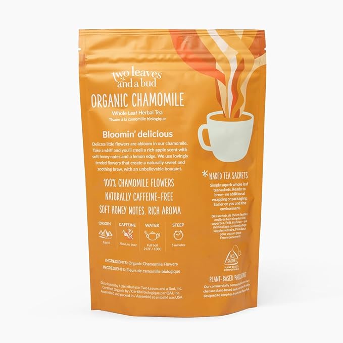 Two Leaves and a Bud Organic Chamomile - 50 Naked Tea Sachets, Naturally Caffeine Free, Whole Leaf Herbal Tea in Eco-Friendly Unwrapped Compostable Sachets, Resealable Bag, 50 Count (Pack of 1)