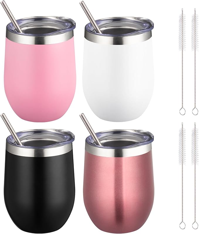 12 oz Insulated Wine Tumbler with Lid and Straw,Stainless Steel Stemless Wine Tumbler Glasses Double Wall Vacuum Wine Cups Tumbler Bulk for Coffee,Champaign,Cocktail,Office（Multicolor,4）