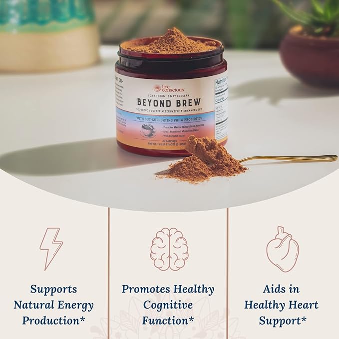 Live Conscious Beyond Brew - Superfood Coffee Alternative - Low Caffeine - Lion’s Mane, Reishi, Cordyceps & Chaga for Sustained Focus, Energy & Immunity - w/ Prebiotics & Probiotics Supports Gut Health 6 oz (2-Pack)