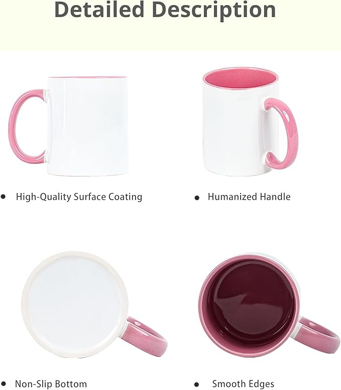 11oz White Ceramic Sublimation Coffee Mug With Solid Colors Inside and Handle Pink,come with individual white gift box, Case of 36