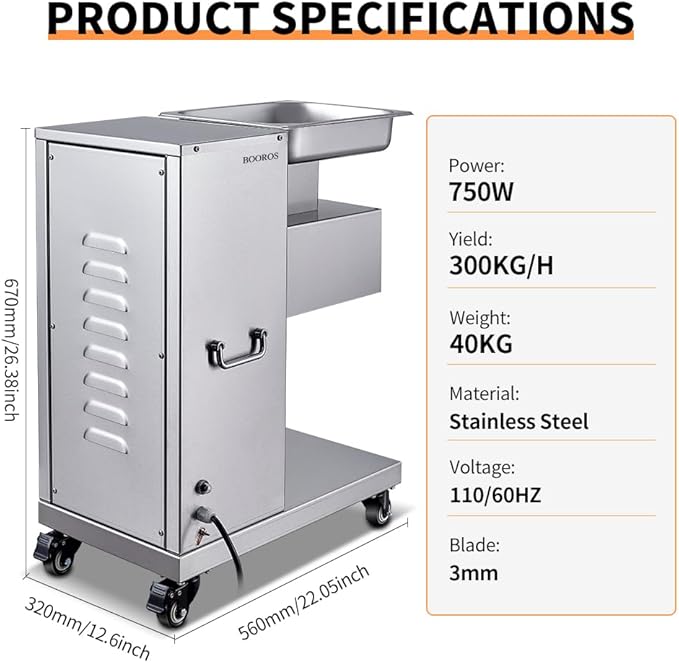 BOOROS Commercial Meat Cutter Machine 750W Electric Vertical Stainless Steel Meat Slicer 130L Commercial Meat Cutting Machine,1100lb/h,Equipped with 3mm Blade for Kitchen,Restaurants,Supermarket 110V