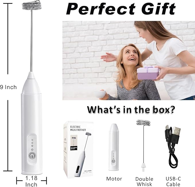 Rechargeable Milk Frother Handheld, USB-C Coffee Foam Maker with Stainless Steel Whisk ＆ 3 Speeds, Coffee Frother Electric Hand Drink Mixer Stirrer for Matcha, Powder Drink, Frappe, Xmas Gift (White)