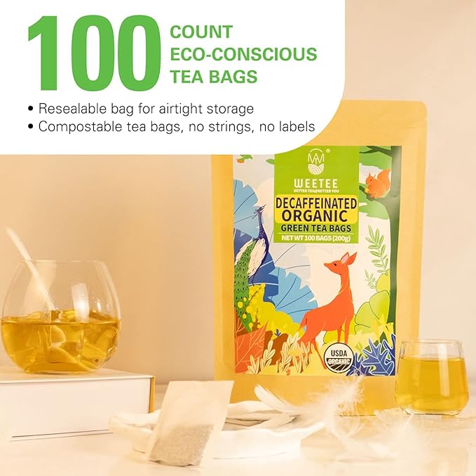 WT WEETEE Organic Decaf Green Tea Bags, Organic Green Tea 100 Count | CO2-Decaffeinated | Super Antioxidant | Resealable Kraft Bag
