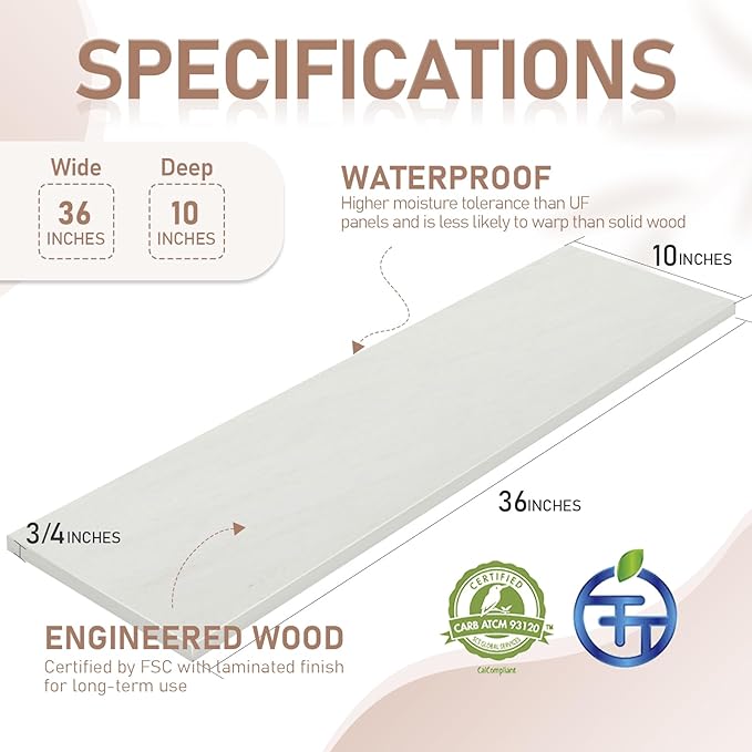 Kaboon 36 inch Long 10 inch Deep Floating Shelves for Wall Set of 2, Large Open Shelves Wall Mounted, Space Saving Home and Commercial Use,Sea Salt/Greyish White