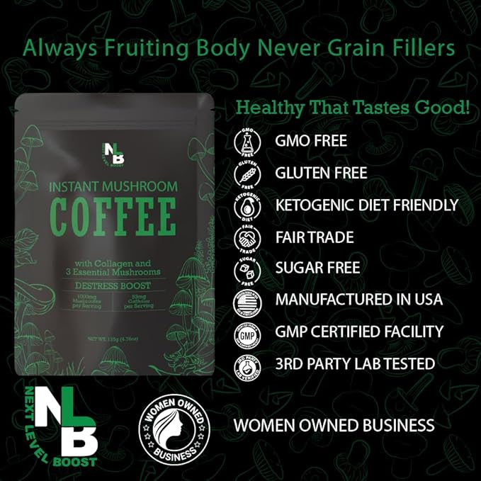 Destress Boost Organic Mushroom Instant Coffee - 135g, 15 Servings Pouch - Healthy Coffee alternative and Substitute - With Gaba, Collagen, Lions Mane and Antioxidants