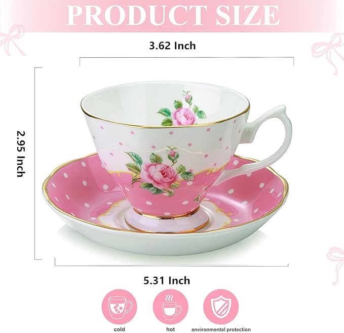 ONEUSTAR Floral Tea Cup and Saucer Set for 1 Bone China Coffee Cup 7 oz Vintage Rose Flower English Teacup for Women Tea Party Mother's Day Gift