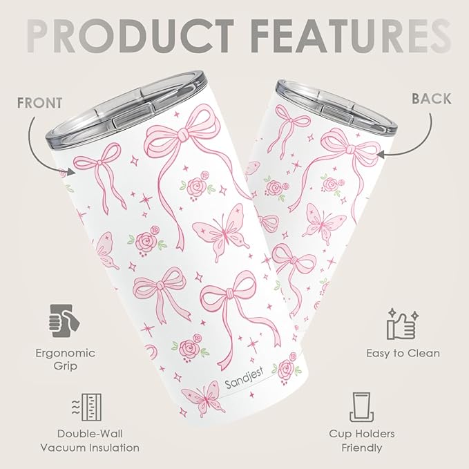 SANDJEST Bow Tumbler 20oz, Stainless Steel Travel Cup with Lid, Insulated Coffee Mug, Bow Gifts for Women Girls Friends Sisters on Birthday Christmas (White)
