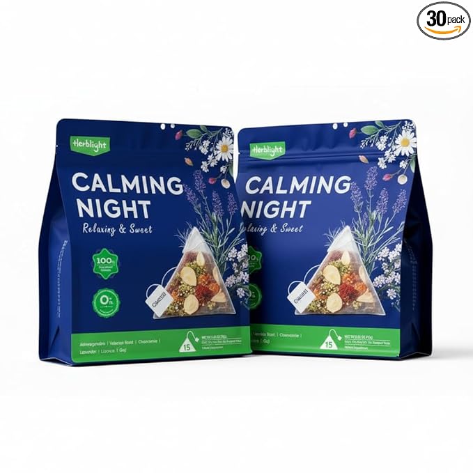 HerbLight Nighty Night Extra Tea, Potent Valerian Root Formula with Chamomile & Lavender – Extra Strength Herbal Tea for Sleep, Caffeine-Free & Natural Bedtime Blend, 2 Pack (30 Tea Bags, 5.3oz)
