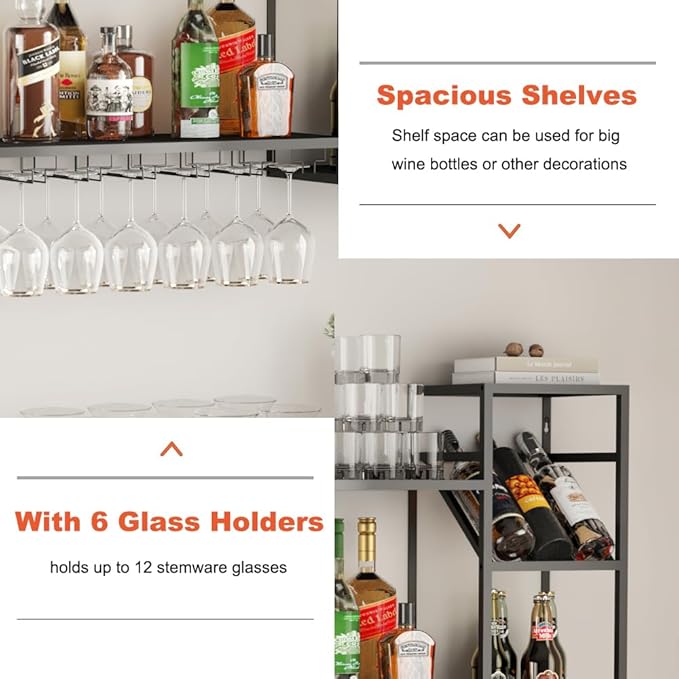 Metal Floating Bar Liquor Shelves 2 Tier, Wall Mounted Wine Rack with Glass Holder Storage, Wall Bar Shelf Wine Display Storage Holder for Kitchen Dining Room Bar (Black)