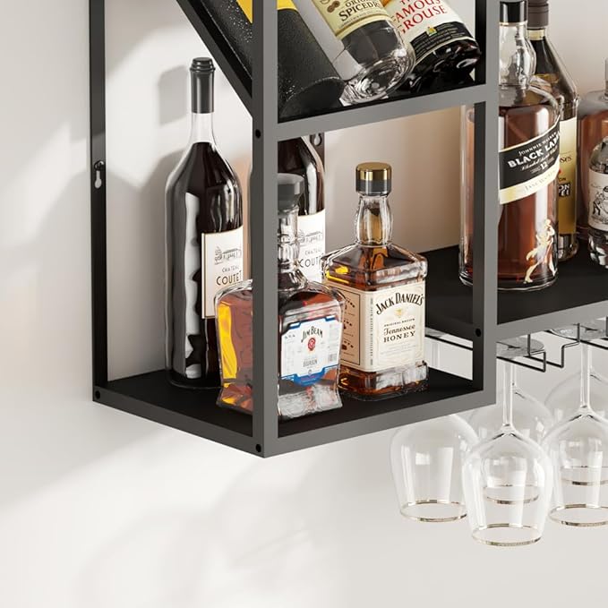 Metal Floating Bar Liquor Shelves 2 Tier, Wall Mounted Wine Rack with Glass Holder Storage, Wall Bar Shelf Wine Display Storage Holder for Kitchen Dining Room Bar (Black)