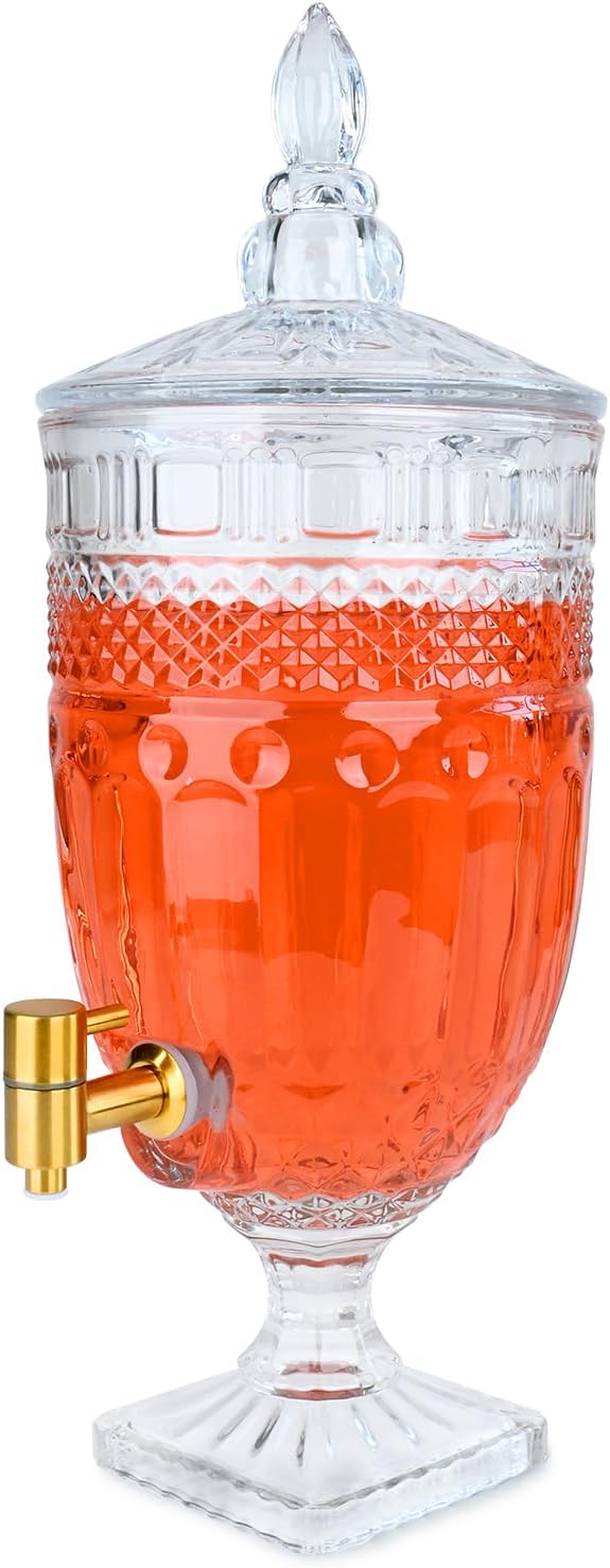 1.3 Gallon Glass Drink Dispenser, Glass Beverage Dispenser with Spigot for Party Bar Wedding, Crystal Collection Jug, Wide Mouth with Lid, Iced Beverage Dispensers (1.3gal Glass relief)