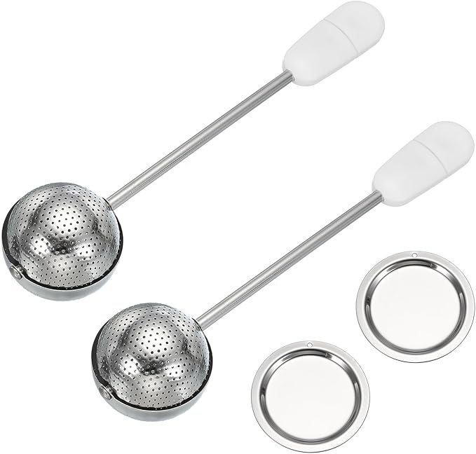 uxcell 2 Pcs Tea Infuser for Loose Leaves, Stainless Steel Tea Infuser Filter with Round Plate, Twisting Handle Steeper Strainers for Cup and Teapot, Ball Shaped, White