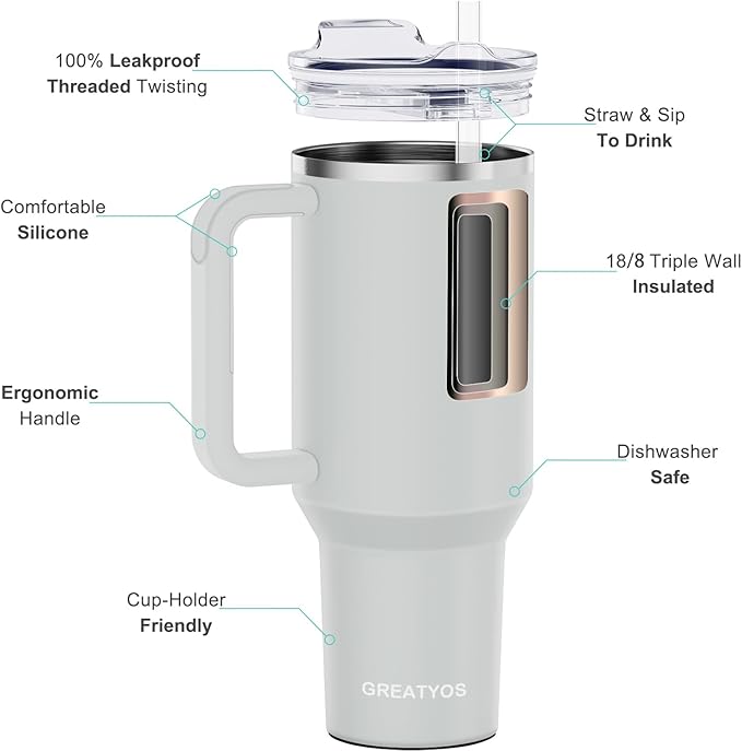 40 oz Tumbler with Handle and Straw Lid Insulated Tumblers Cups with Lids Straws Double Wall Vacuum Leak Proof Stainless Steel 40oz Tumbler Travel Mug Gifts for Men Women Him Her (Fog)