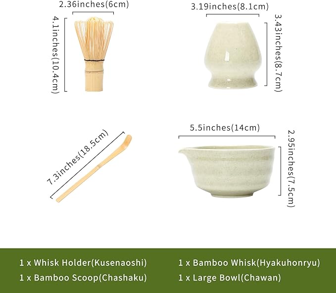 Matcha Set Match Bowl with Spout and Matcha Whisk Holder Whisk Tea Set Includes and Bamboo Scoop Ceramic 17 OZ - 4pc Perfect Matcha Kit for Matcha Tea Ceremony (Mottled Green)