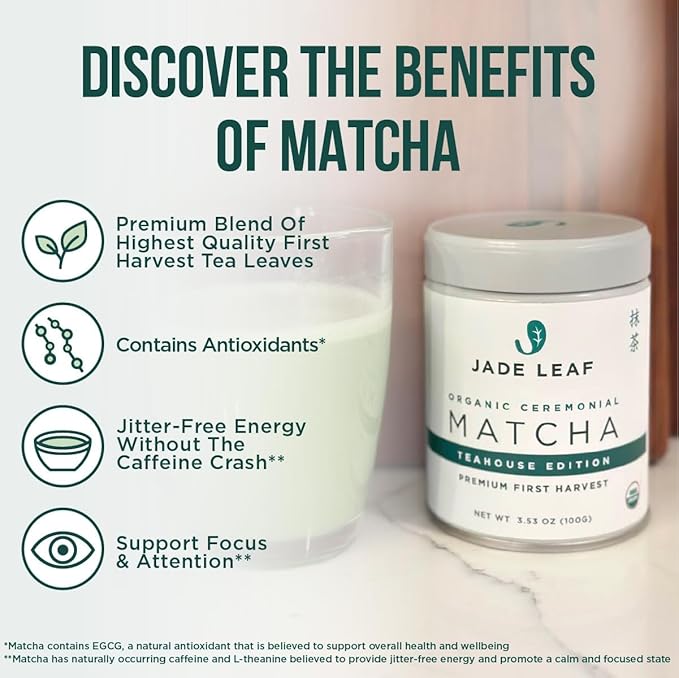 Jade Leaf Matcha Organic Premium Ceremonial Grade Matcha Green Tea Powder - Japanese - Culinary, Ingredient, Ceremonial Barista Teahouse, Latte, Collagen, 3.53 Ounce (Pack of 1), Ceremonial Teahouse Tin