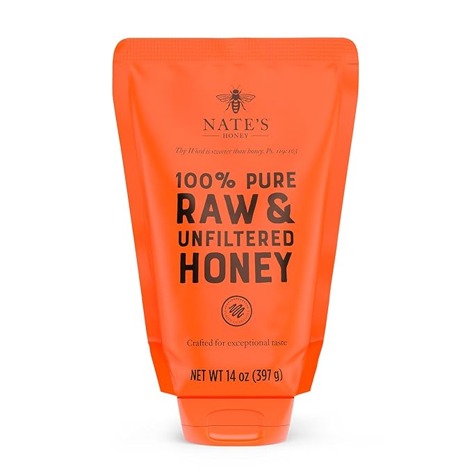 Nate's 100% Pure, Raw & Unfiltered Honey, No-Drip Sustainable Squeeze Pouch; Purity Guarantee, No Additives, 14 Ounce