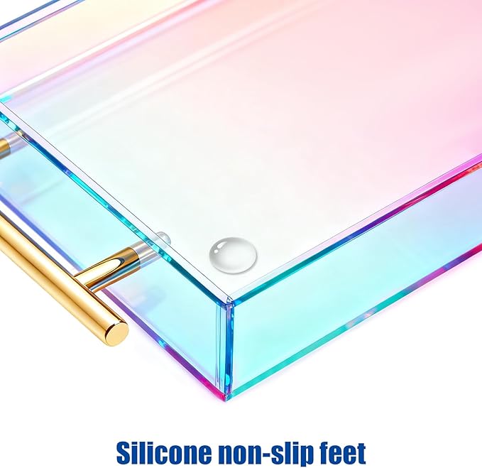 Acrylic Serving Tray with Handles Large Ottoman Food Decorative Tray for Coffee Table Tea Fruit Snack Kitchen Bar Platter, 17x13’’, Iridescent Rainbow