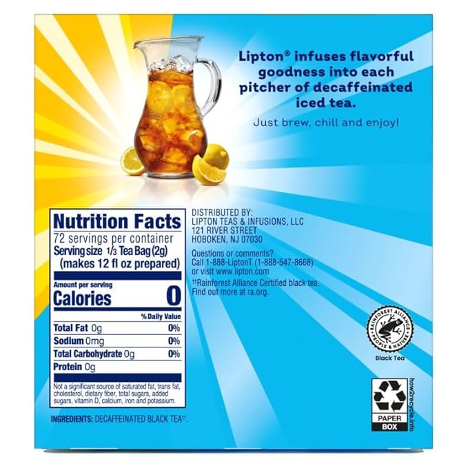 Lipton Decaf Black Iced Tea Bags, Family Size Zero Calories, 144 Total Tea Bags (24ct - Pack of 6)