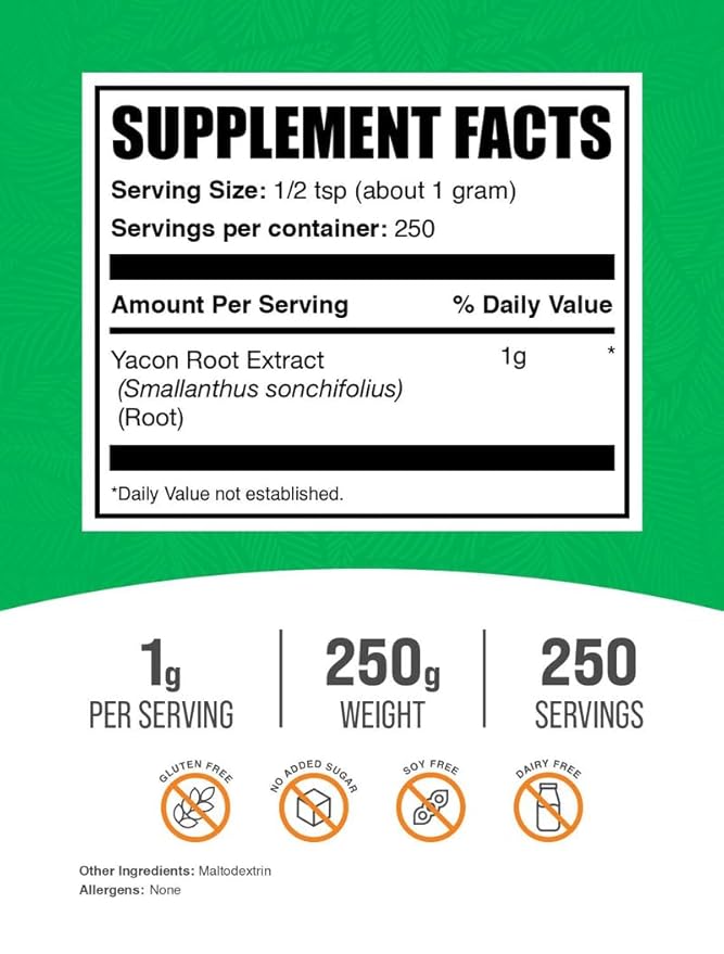 BulkSupplements.com Yacon Root Extract Powder - Sugar Substitute, Natural Fiber Sweetener - Gluten Free, 1g per Serving, 250g (8.8 oz) (Pack of 1)