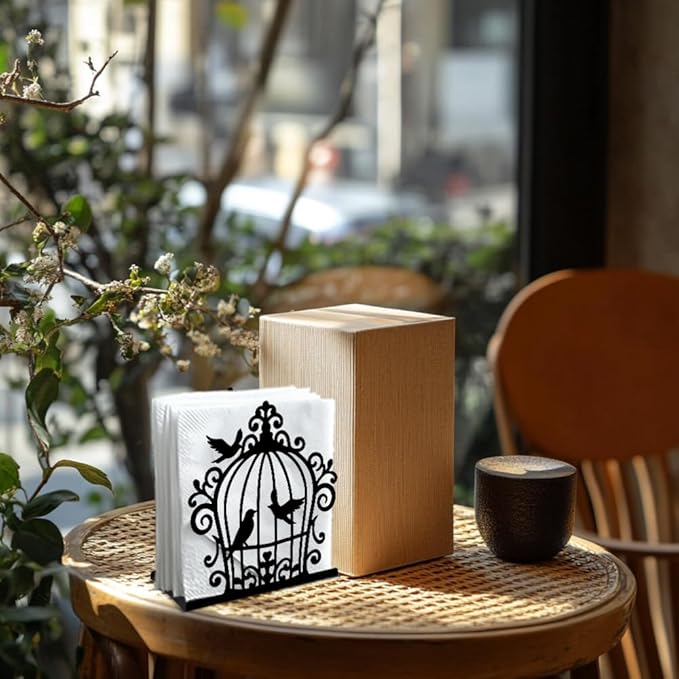Birdcage and Bird Decorative Black Metal Napkin Holder for Table, 4.9" x 5.3" x 1.9" Birdcage and Bird Standing Napkin Holder for Home Kitchen Restaurant Picnic Party Coffee Bar Room